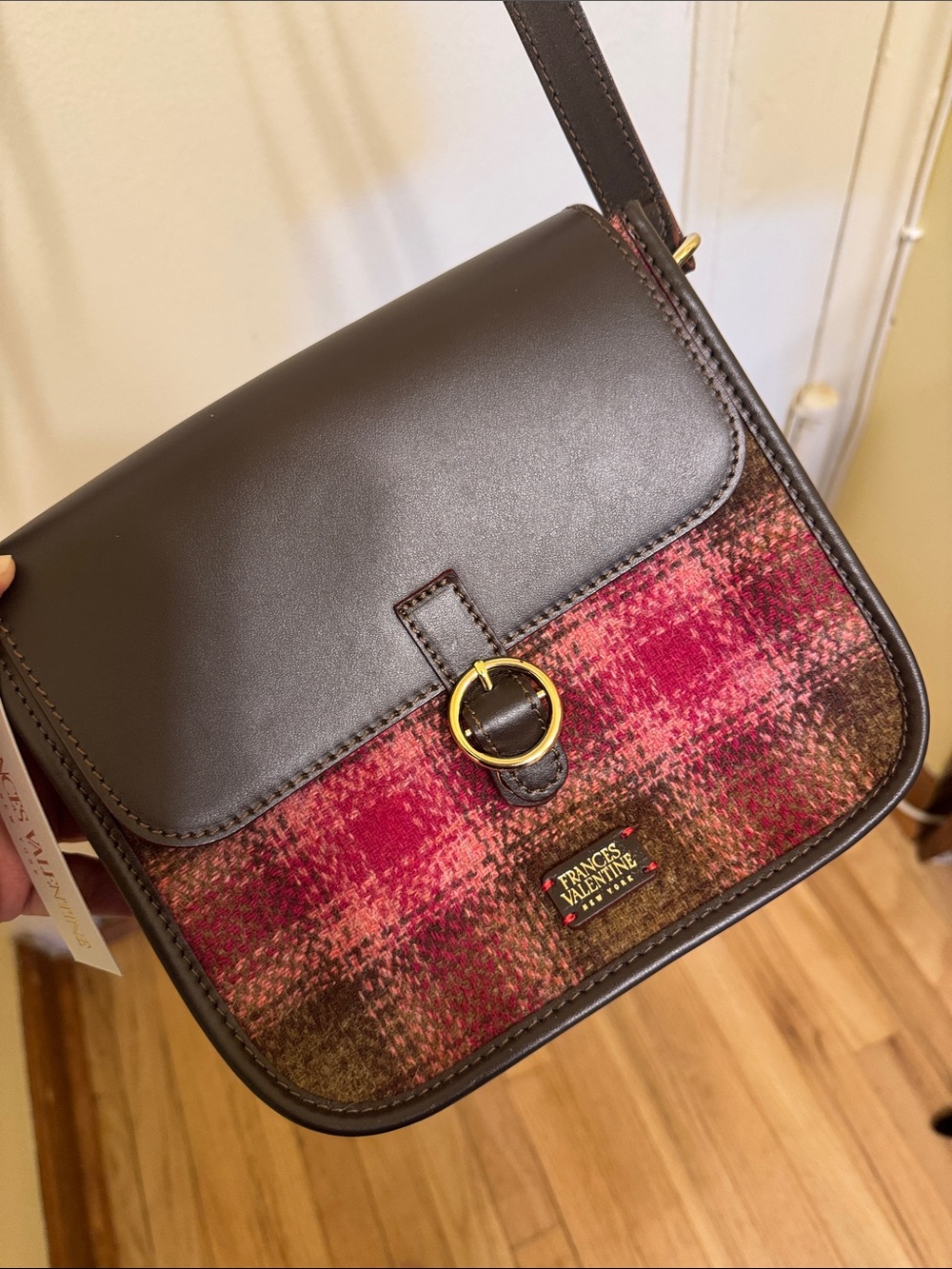 Frances Valentine Brown Leather Crossbody with Pink Plaid Panel